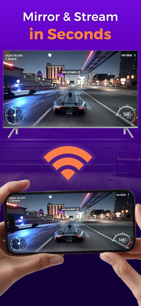 Remote TV: TV Controller - La pantalla de un iPhone reflejando un juego de carreras de coches en una gran pantalla de Smart TV