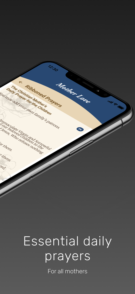Mother Love - Mother Love app interface showing essential daily prayers for mothers