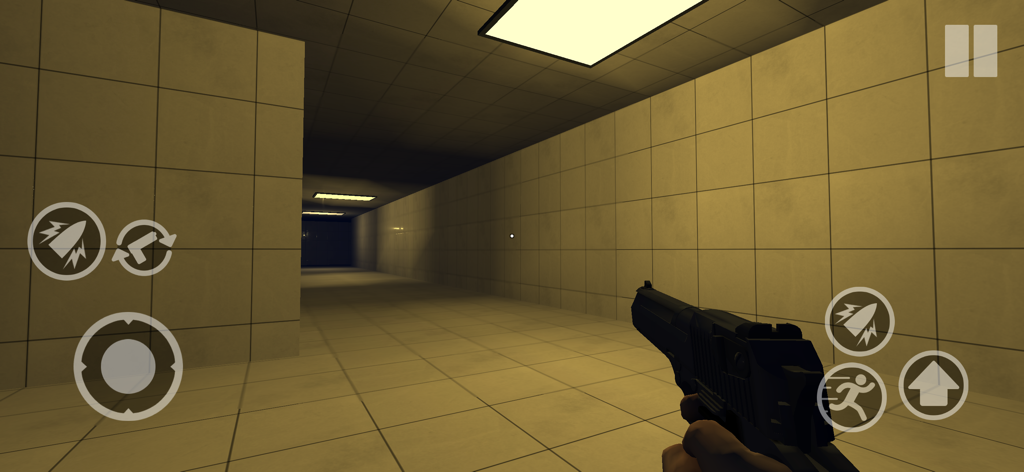 Loop Forest Grandpa in Forest - First person view of a player holding a gun in a yellow tiled backrooms hallway