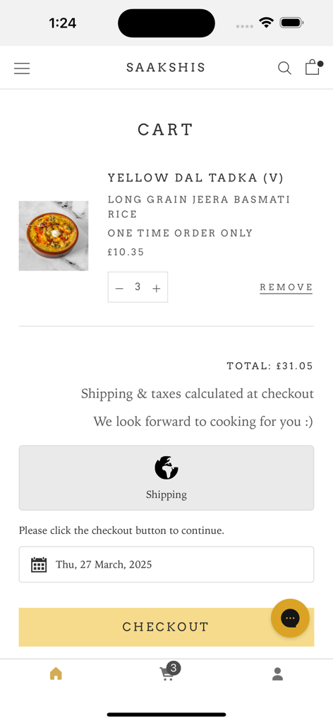 Saakshis - Shopping cart screen in the Saakshis app showing a Yellow Dal Tadka order.