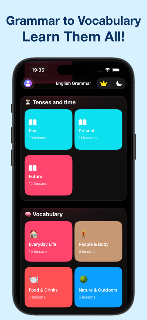 Learn English - Grammar, Vocab - 英語学習アプリのインターフェース。文法時制と語彙カテゴリが表示されています。