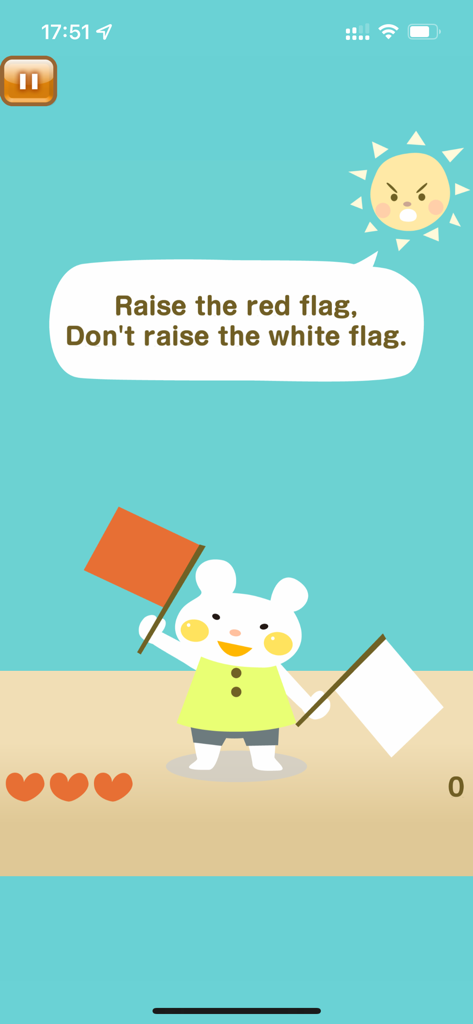 Flag Up! for Kids - Un personaje de oso lindo sosteniendo banderas rojas y blancas con una burbuja de texto de instrucción.