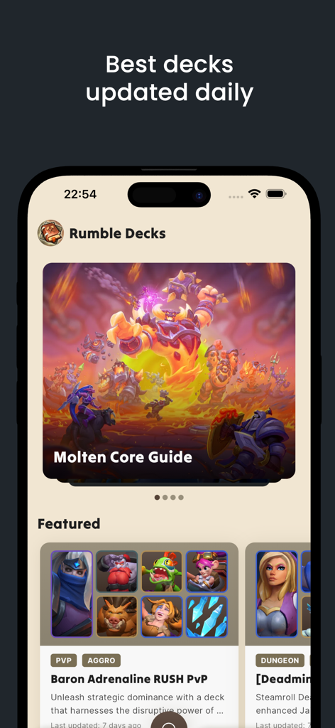 Decks for Warcraft Rumble - Decks for Warcraft Rumble app interface showing a Molten Core guide and featured daily PvP decks