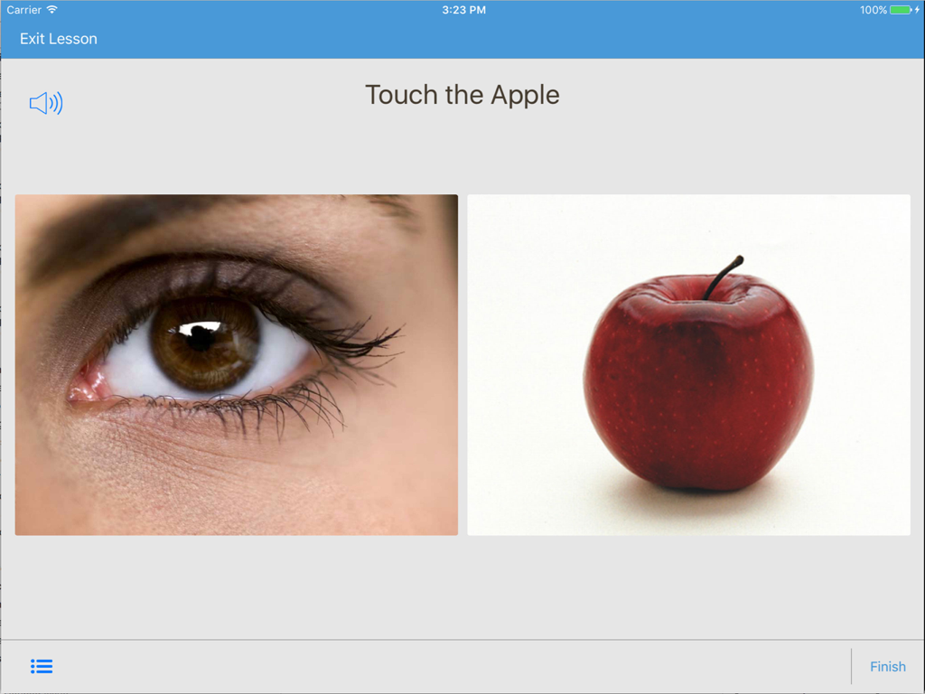 Interface do aplicativo See.Touch.Learn. mostrando uma aula visual com o comando Toque na Maçã e fotos de um olho humano e uma maçã vermelha.