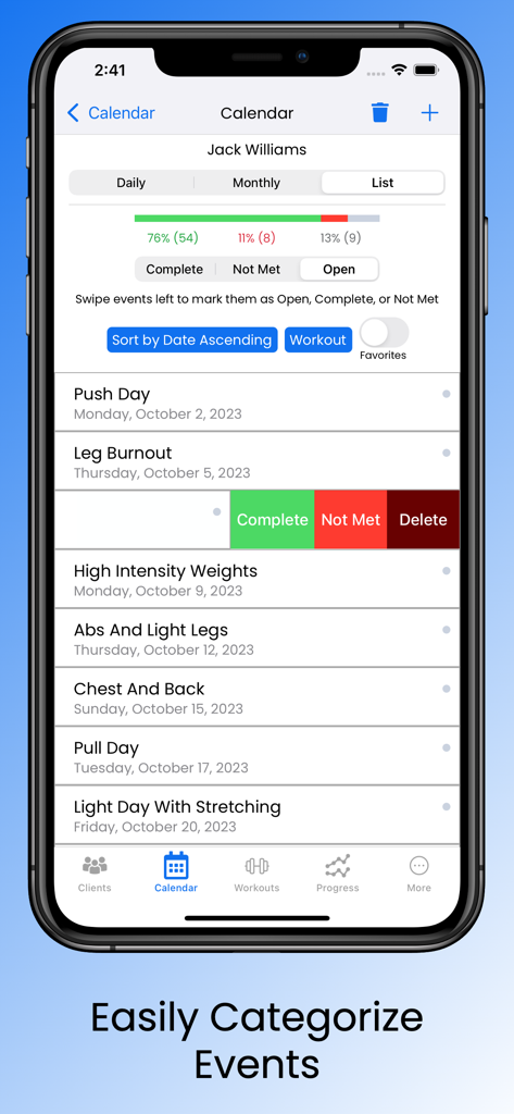 FitSW for Personal Trainers - Schermata dell'app FitSW che mostra un calendario degli allenamenti del cliente con statistiche di monitoraggio dei progressi ed eventi di fitness categorizzati