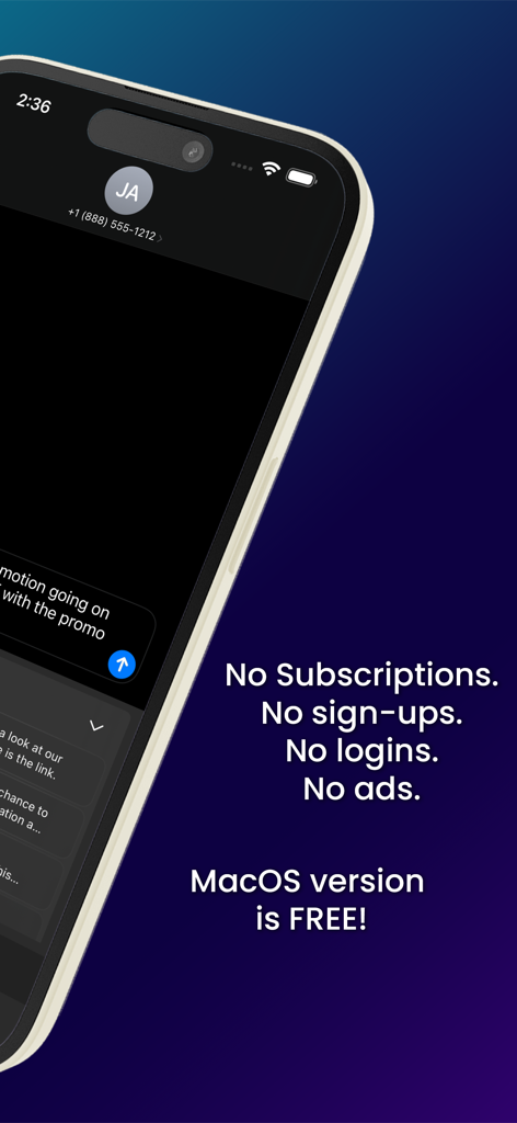 Cloud Snippets - Mobile - Cloud Snippets app highlighting no subscriptions and a free MacOS version.