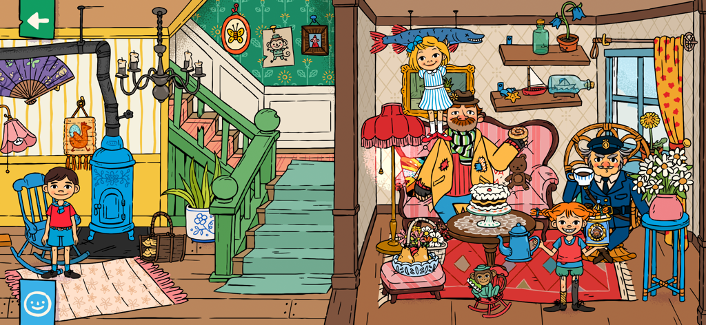 World of Pippi Longstocking - Characters from the Pippi Longstocking app inside a colorful hand-drawn living room and hallway