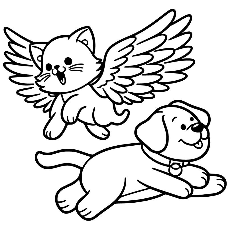 cat with wings flying alongside a dog with wings