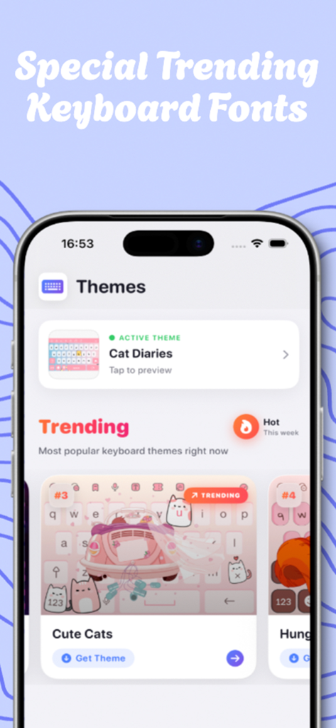 Cute Keyboard: Kawaii & Emoji - A screen from the Cute Keyboard app displaying trending kawaii themes like Cat Diaries and Cute Cats.