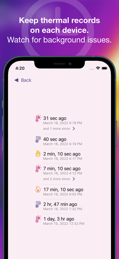Thermals - Una captura de pantalla de la aplicación Thermals en un iPhone que muestra una lista detallada de registros térmicos en segundo plano y registros de rendimiento del dispositivo.
