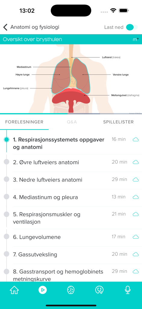 MedEasy - MedEasy app interface showing a chest cavity anatomy diagram and a list of respiratory system video lectures