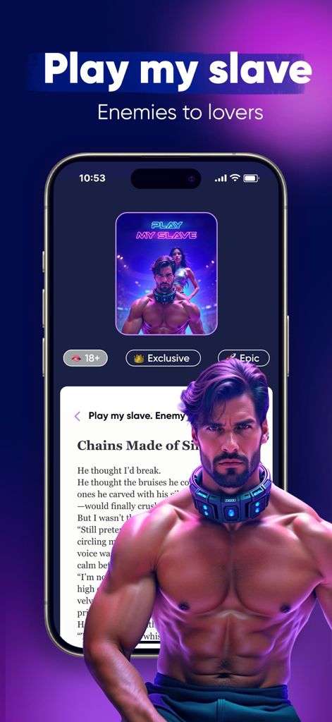 My Hot Diary game screen showing an enemies to lovers interactive story with a muscular character