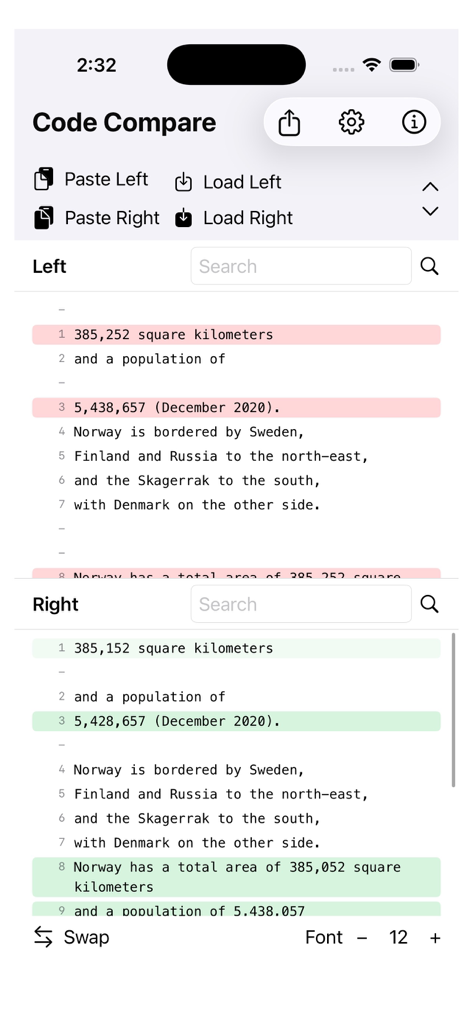 CodeDiff+ - Capture d'écran de l'application CodeDiff plus montrant une vue portrait de la comparaison de texte avec des surlignages rouges et verts pour les différences