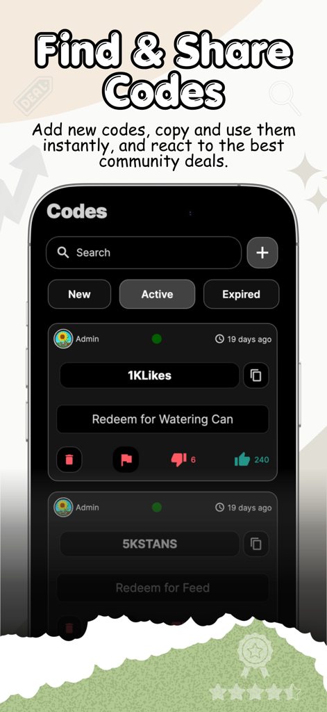 Grow A Garden : Codes & Stocks - Interface of the Grow a Garden companion app displaying a list of redeemable Roblox codes with user voting and category filters.