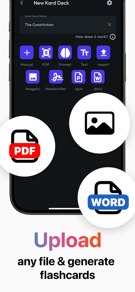 KardsAI mobile app screen showing options to upload PDF Word and images to generate flashcards automatically using AI