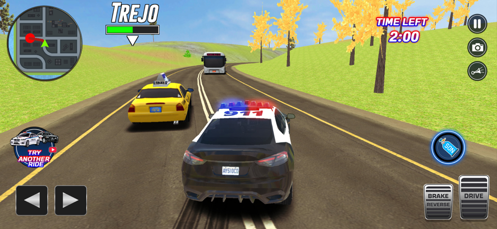 City Track Mission - A police car chasing a yellow taxi and a bus on a city track road in the City Track Mission app