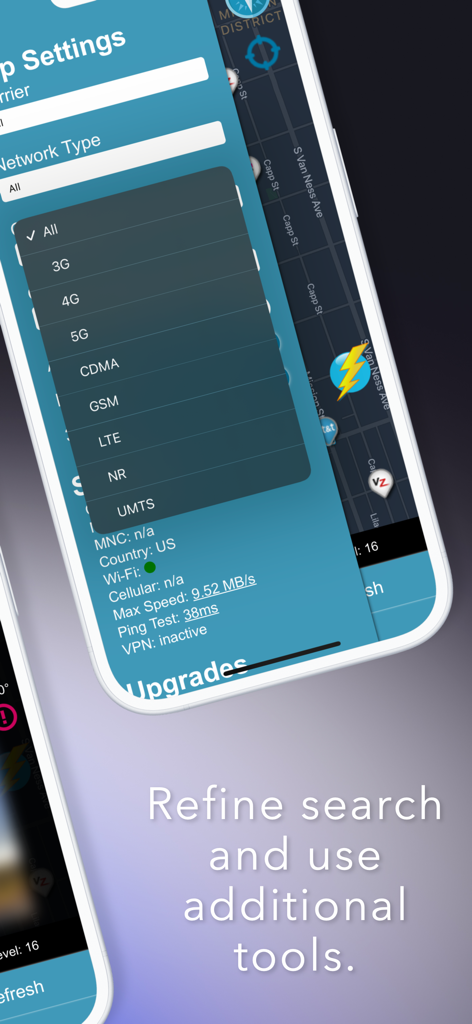 Interfaz de la aplicación FindTower que muestra filtros de tipo de red celular y herramientas de diagnóstico de señal