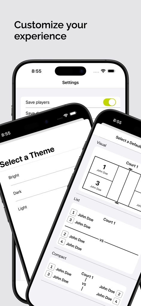 Pickleball Pro - Screen showing Pickleball Pro app customization options including theme selection and court layout views