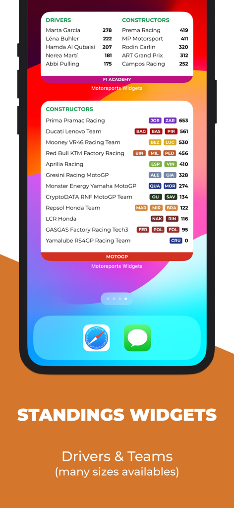 Motorsports Widgets - iPhone home screen with F1 Academy and MotoGP standings widgets