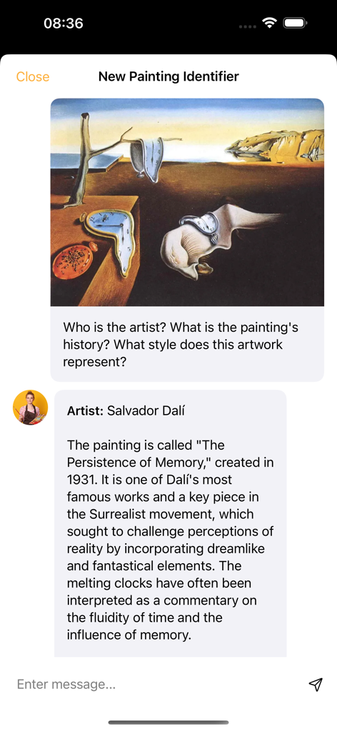 Un chatbot de IA en la aplicación Identificador de Pinturas identificando La persistencia de la memoria de Salvador Dalí.
