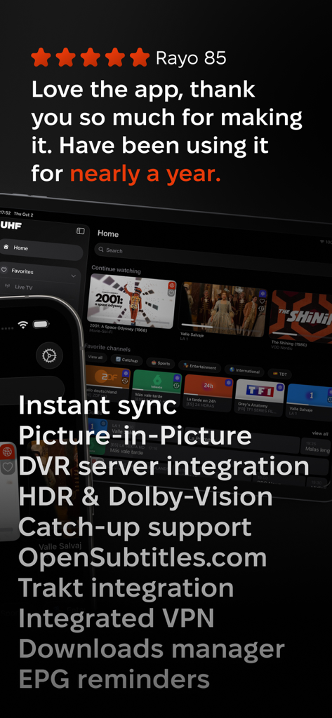 A list of UHF IPTV app features including VPN and DVR integration alongside a five star user review