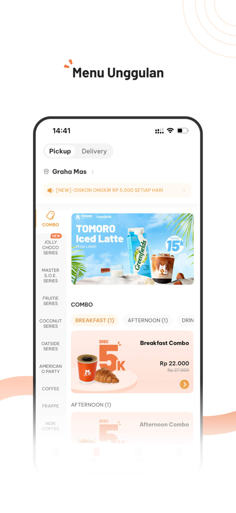 Tomoro Coffeeモバイルアプリのインターフェース。朝食コンボとアイスラテのプロモーションが表示されたメニューが表示されています。