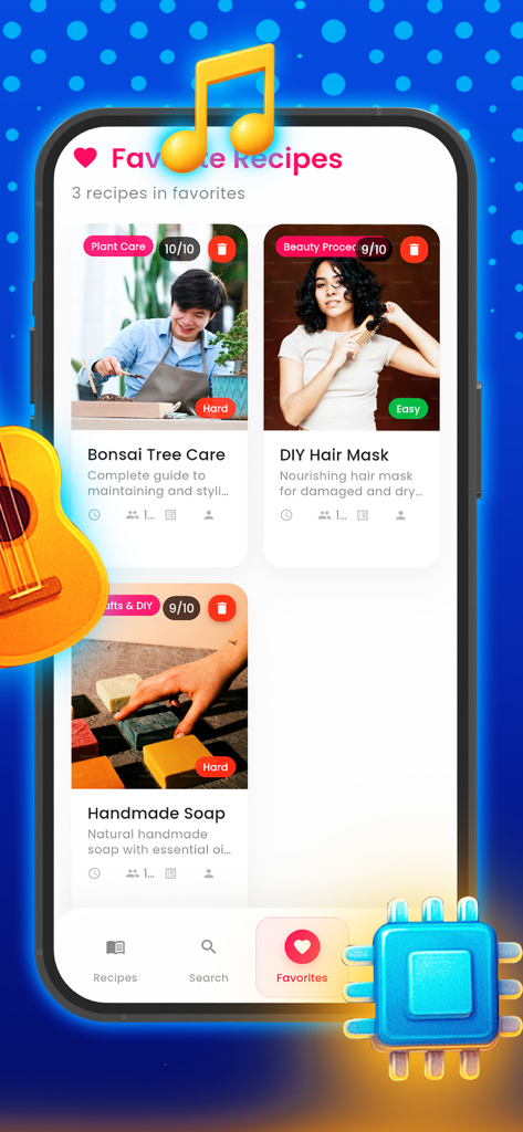 Recipy Maker app interface displaying saved favorite guides for DIY projects and plant care