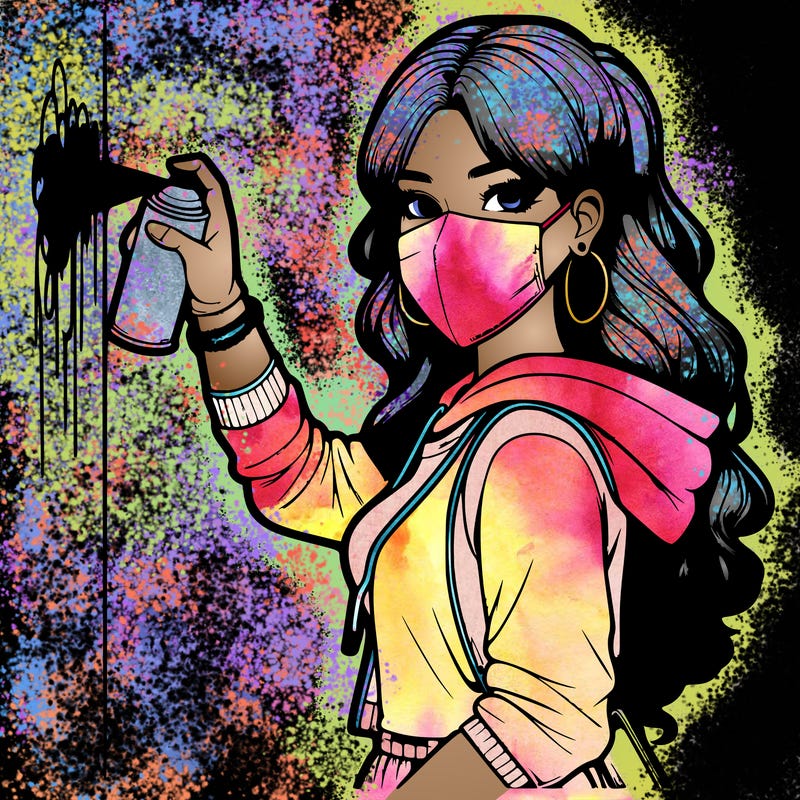 realistic girl with mask spray painting a wall