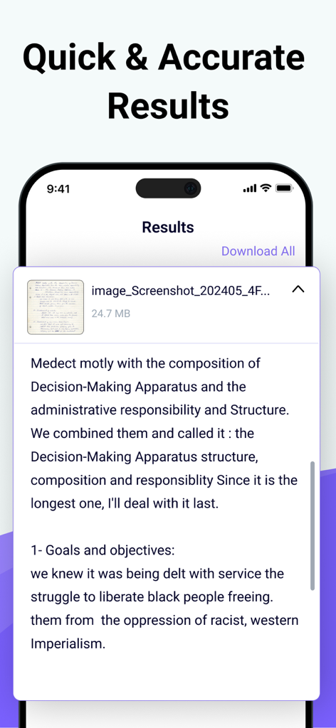 Image to Text - Scan & Convert - Extrahierter digitaler Text einer handschriftlichen Notiz, angezeigt im Ergebnisbildschirm der App
