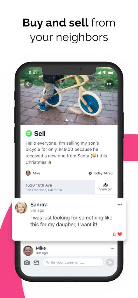 SOSAFE-App-Oberfläche, die den Verkauf eines Fahrrads durch einen Nachbarn auf dem lokalen Community-Marktplatz zeigt