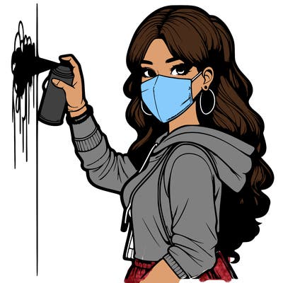 realistic girl with mask spray painting a wall