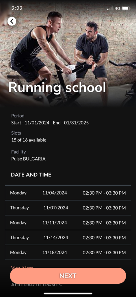 Pulse Club - Pulse Club app booking screen for Running School showing class schedule and availability