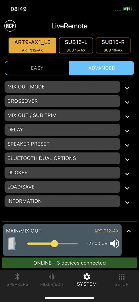RCF LiveRemote - Menú de sistema de la aplicación RCF LiveRemote para controlar altavoces ART 912-AX y subwoofers.