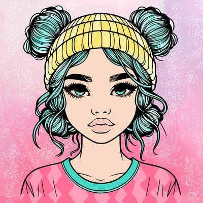 realistic girl with buns in her hair with a beanie on