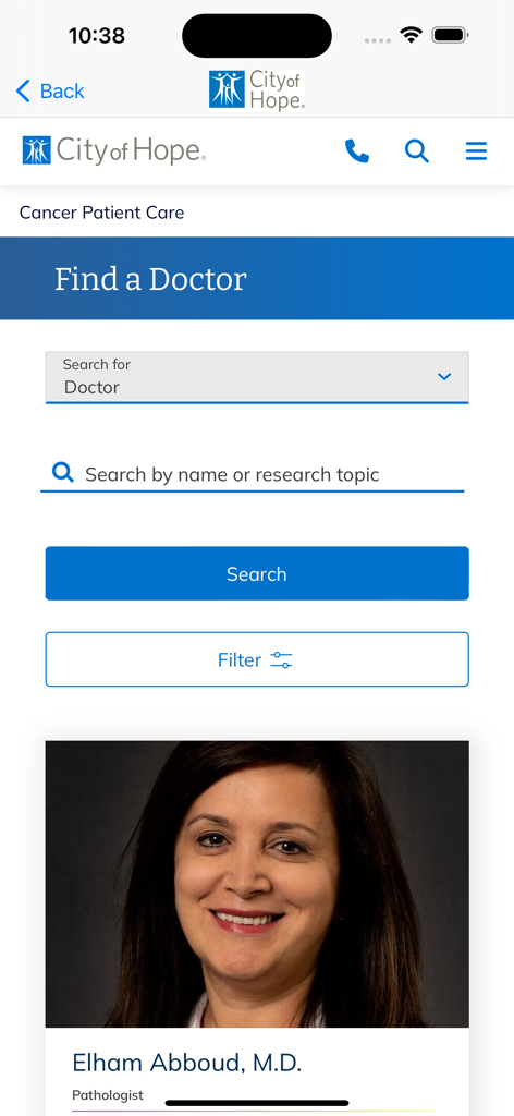 City of Hope app Find a Doctor search interface showing a doctor profile for a pathologist.