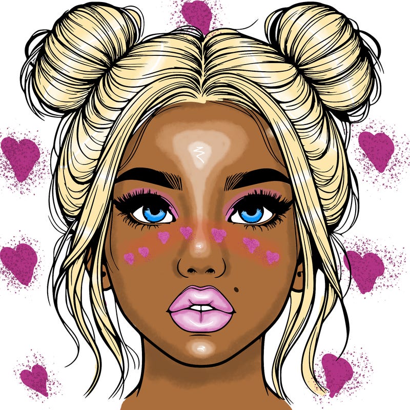 realistic girl with two buns on her hair and lips