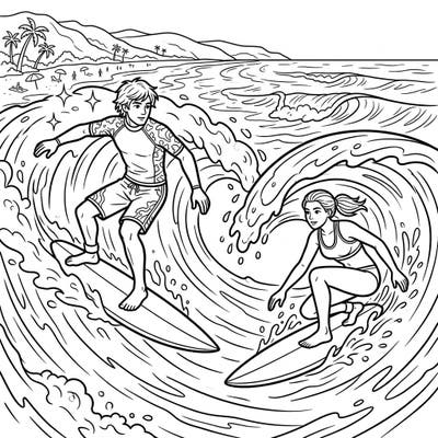 Get ready for an exciting ocean adventure with this coloring page featuring two young competitive surfers mastering the waves. Designed for kids, it's a perfect way to spark creativity and imagination.