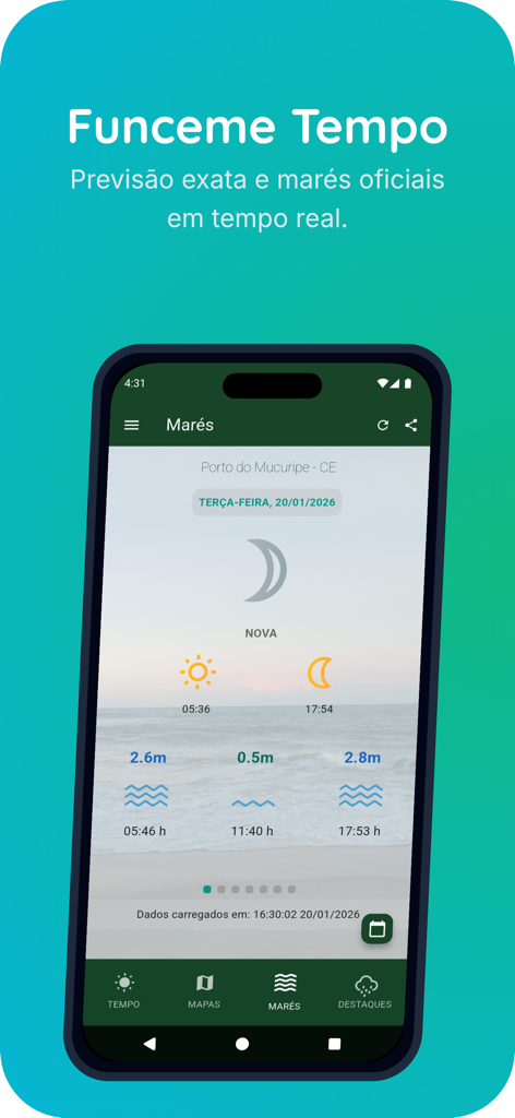 Funceme Tempo app interface showing the official tide table for Porto do Mucuripe in Ceara Brazil