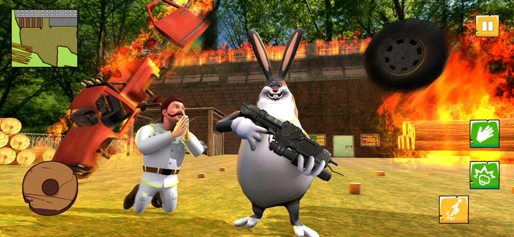 Big Chungus holding a gun while a man kneels in front of a burning building