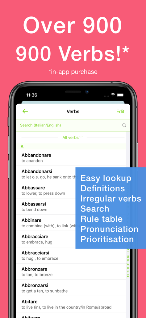 Conjuu - Italian Conjugation - Interface of Conjuu Italian Conjugation app showing a searchable verb list with definitions.