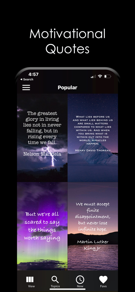 Quotes” Daily Inspiration - Una interfaz móvil que muestra una cuadrícula de citas motivacionales populares con fondos escénicos estéticos