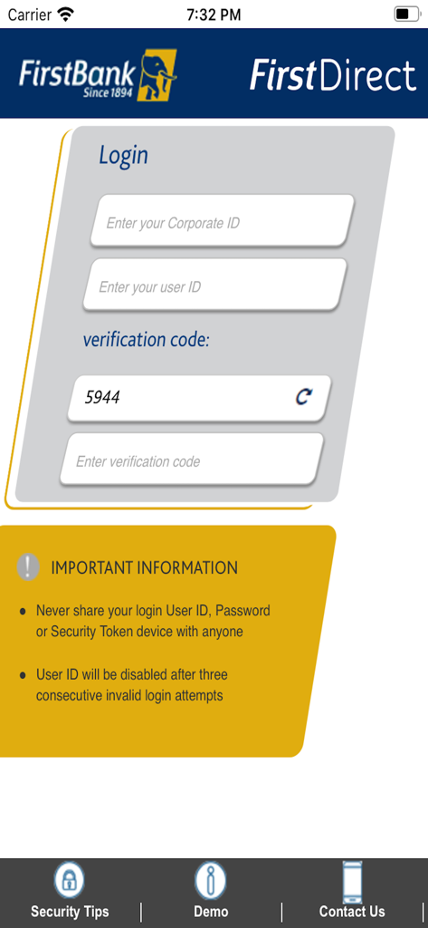 ナイジェリア第一銀行の法人バンキング用FirstDirect Mobileアプリのログイン画面