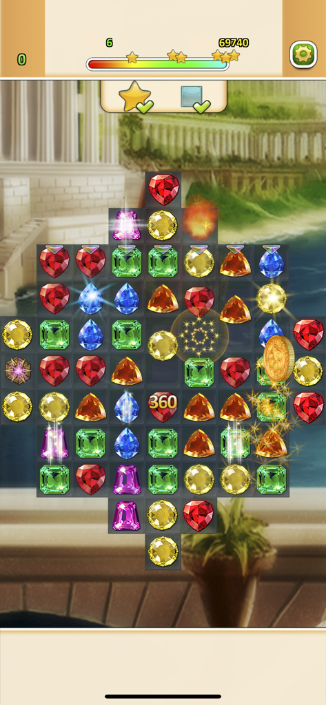 Indy Cat Match 3 Forever - A match-3 puzzle board with colorful gems in Indy Cat Match 3 Forever.