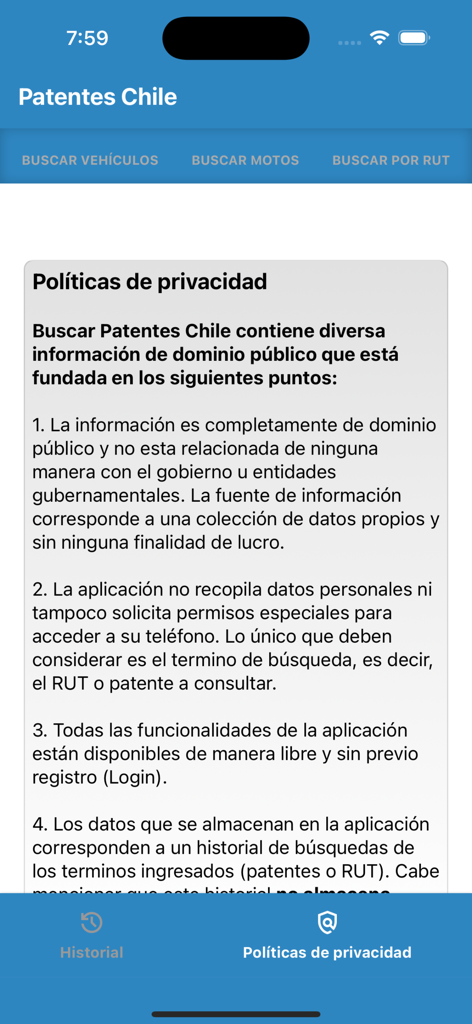 Buscar Patentes Chile - Pantalla de política de privacidad de la aplicación móvil Buscar Patentes Chile