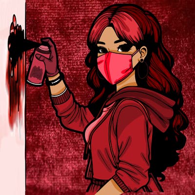 realistic girl with mask spray painting a wall