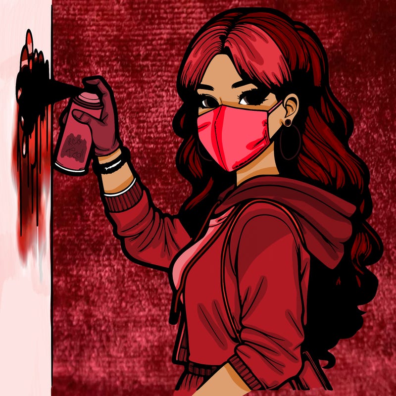 realistic girl with mask spray painting a wall