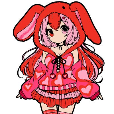 pretty anime girl wearing a fluffy hoodie with bunny ears on the hood and a skirt