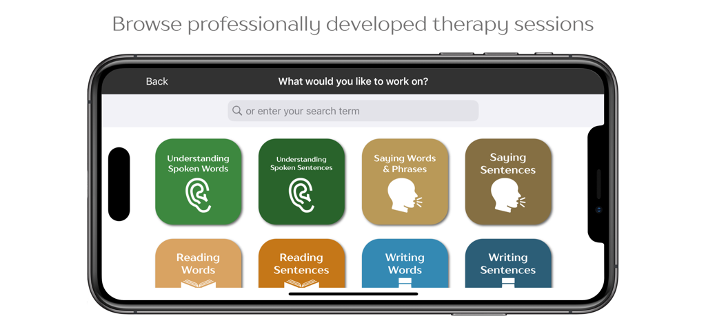 Interfaz de la aplicación Cuespeak que muestra categorías de terapia del habla y el lenguaje para hablar, leer y escribir