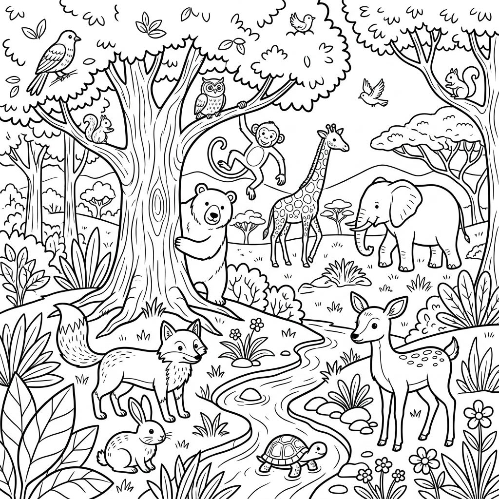 Kids' Jungle Animals Coloring Page - Full Scene Fun!