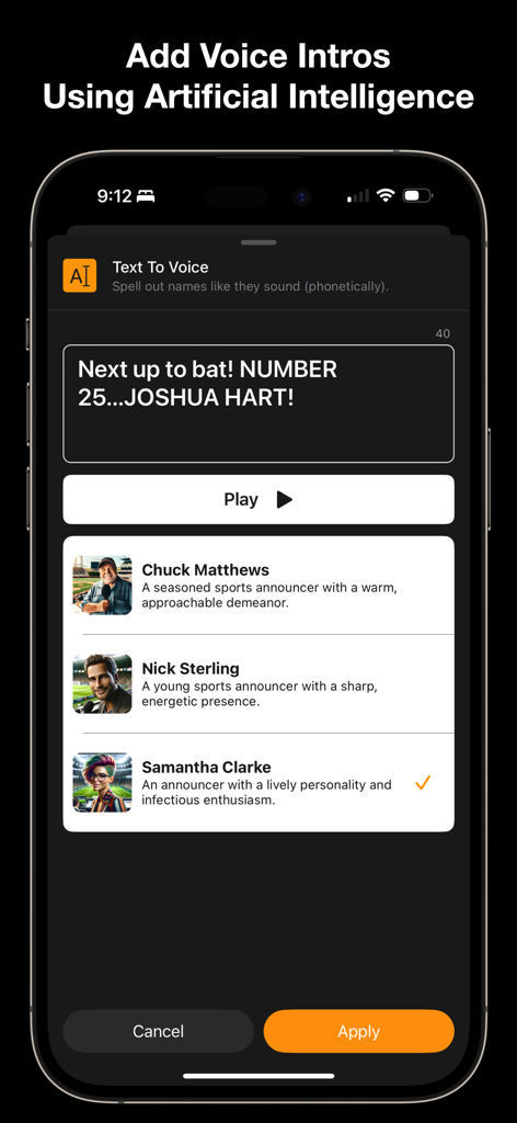 Next Batter Up: Walk-Up Music - Interface for creating AI voice announcements for baseball walk-up music